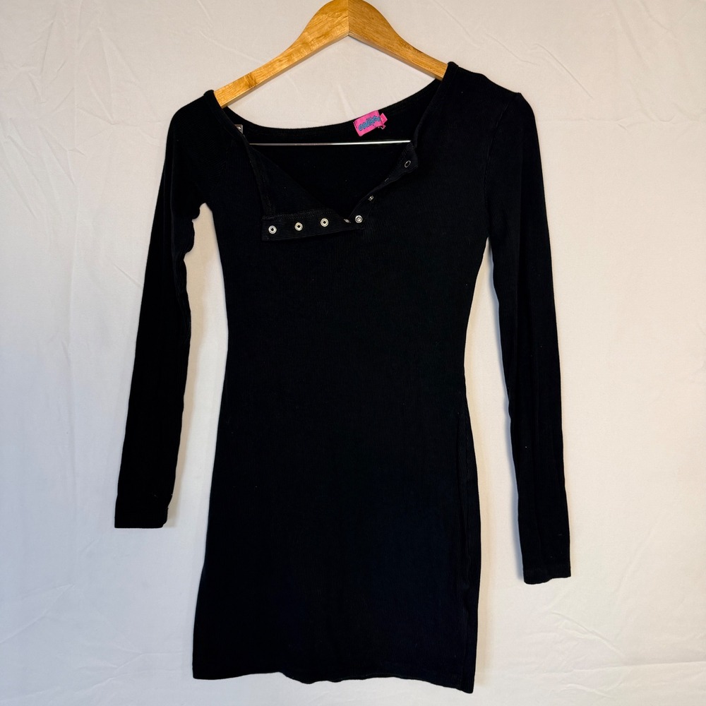 Edikted Black Ribbed Asymmetrical Snap Button Mini Dress Long Sleeve XS,bodycon